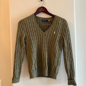 Polo Ralph Lauren Womens V Neck Sweater Cable Knit Olive Green Size Medium